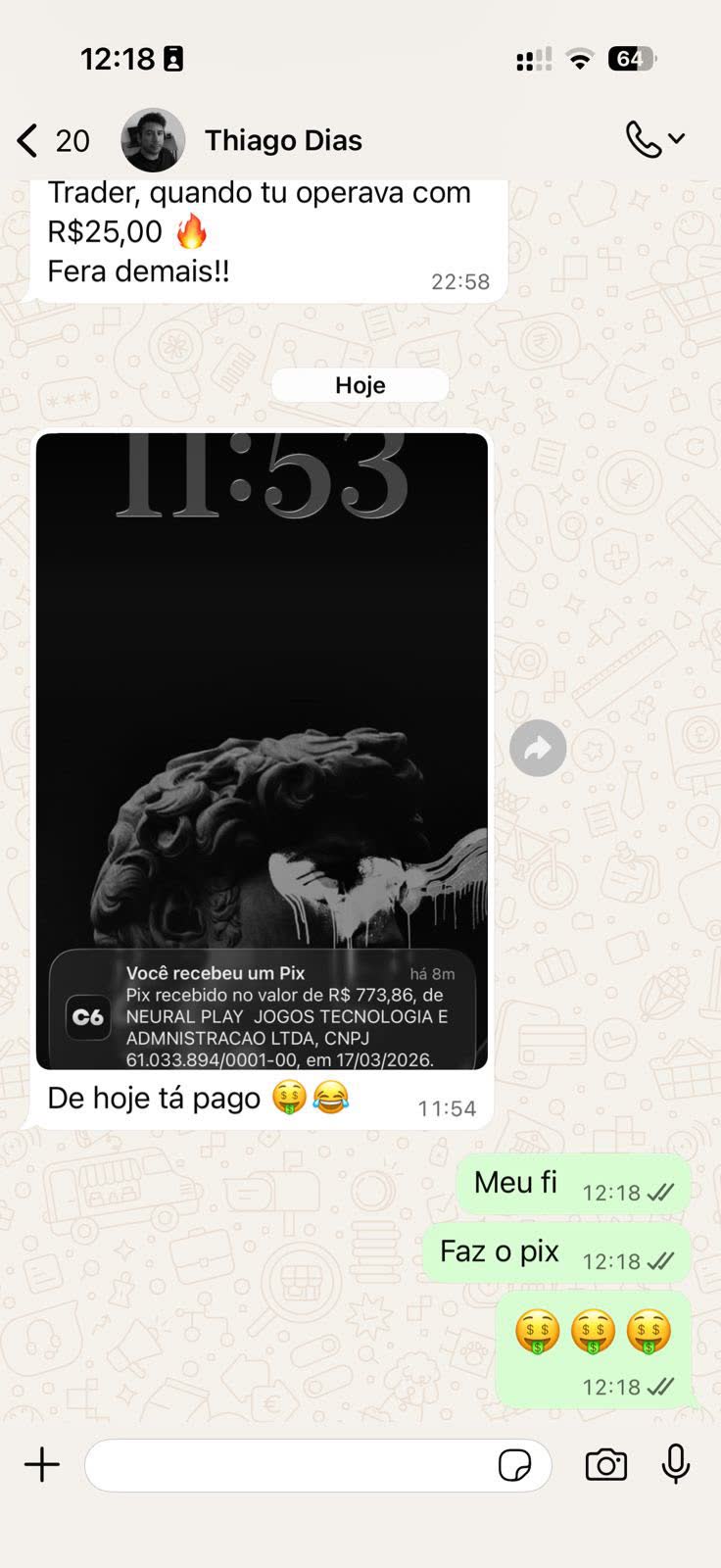 Print de conversa no WhatsApp: R$ 773,86